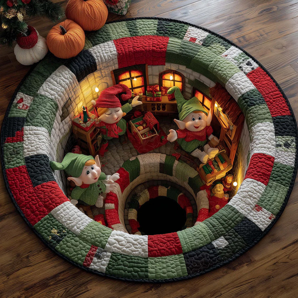 Elf Workshop Portal Quilted Round Mat - Christmas Round Rug