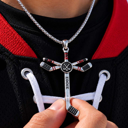 Love God, Play Hockey - Personalized Hockey Shaped Metal Pendant Necklace