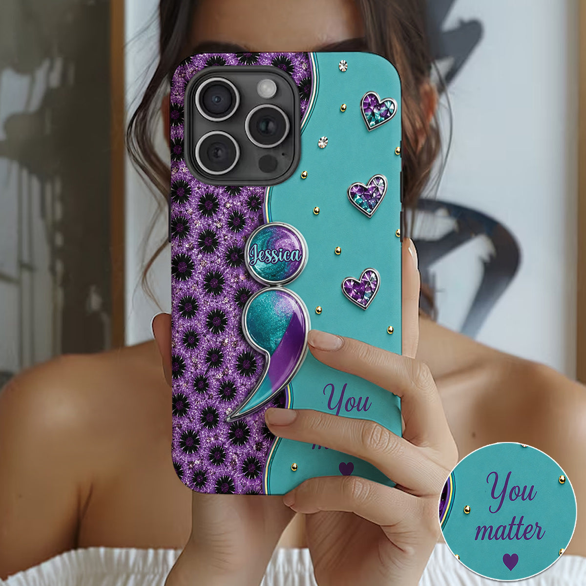 You Matter Teal Purple Semicolon - Personalized Suicide Prevention Full Print Phone Case
