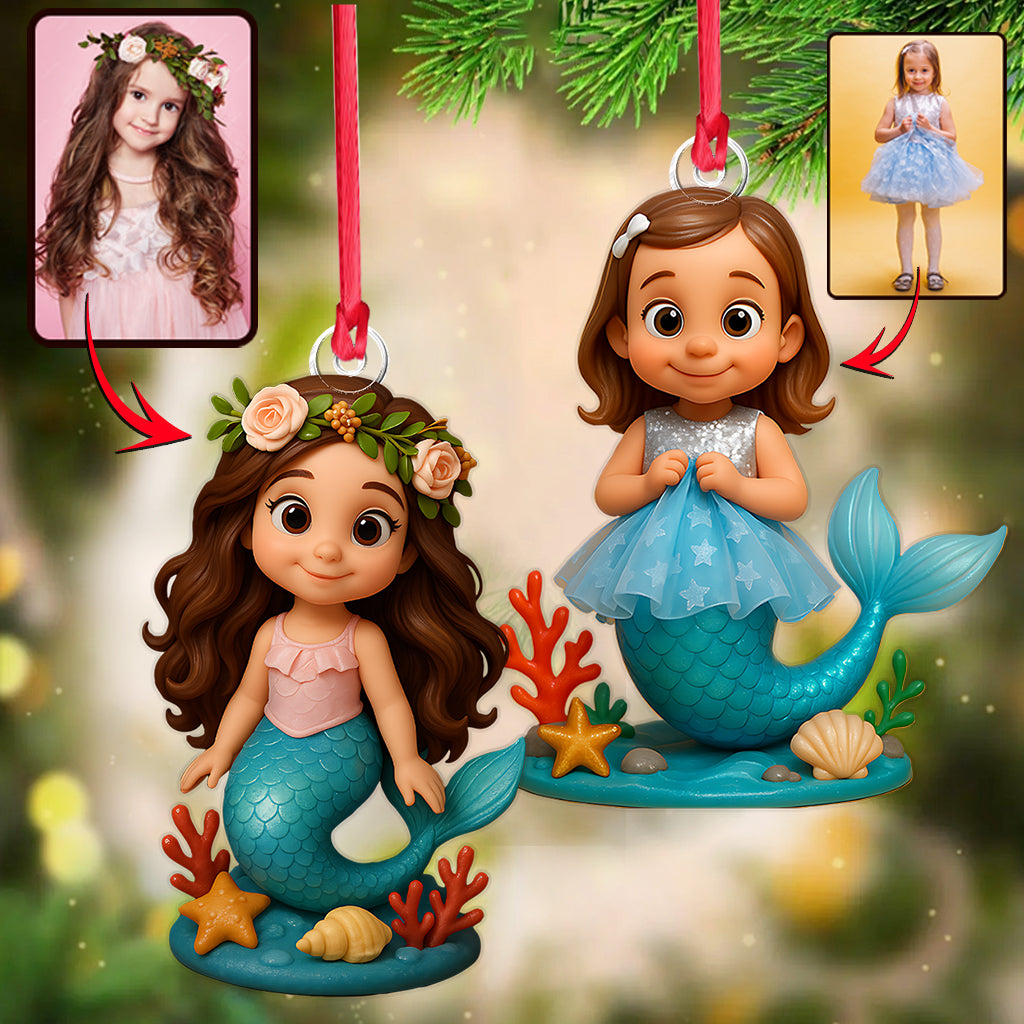 Custom From Any Photo, Gift For Mermaid Loving Girls - Personalized Kid Custom Shaped Ornament