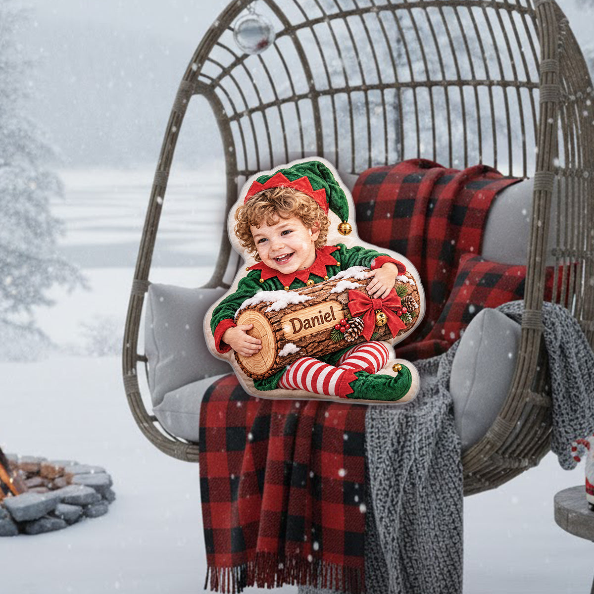 Christmas Yule Log - Personalized Kid Faux Fur Shaped Pillow