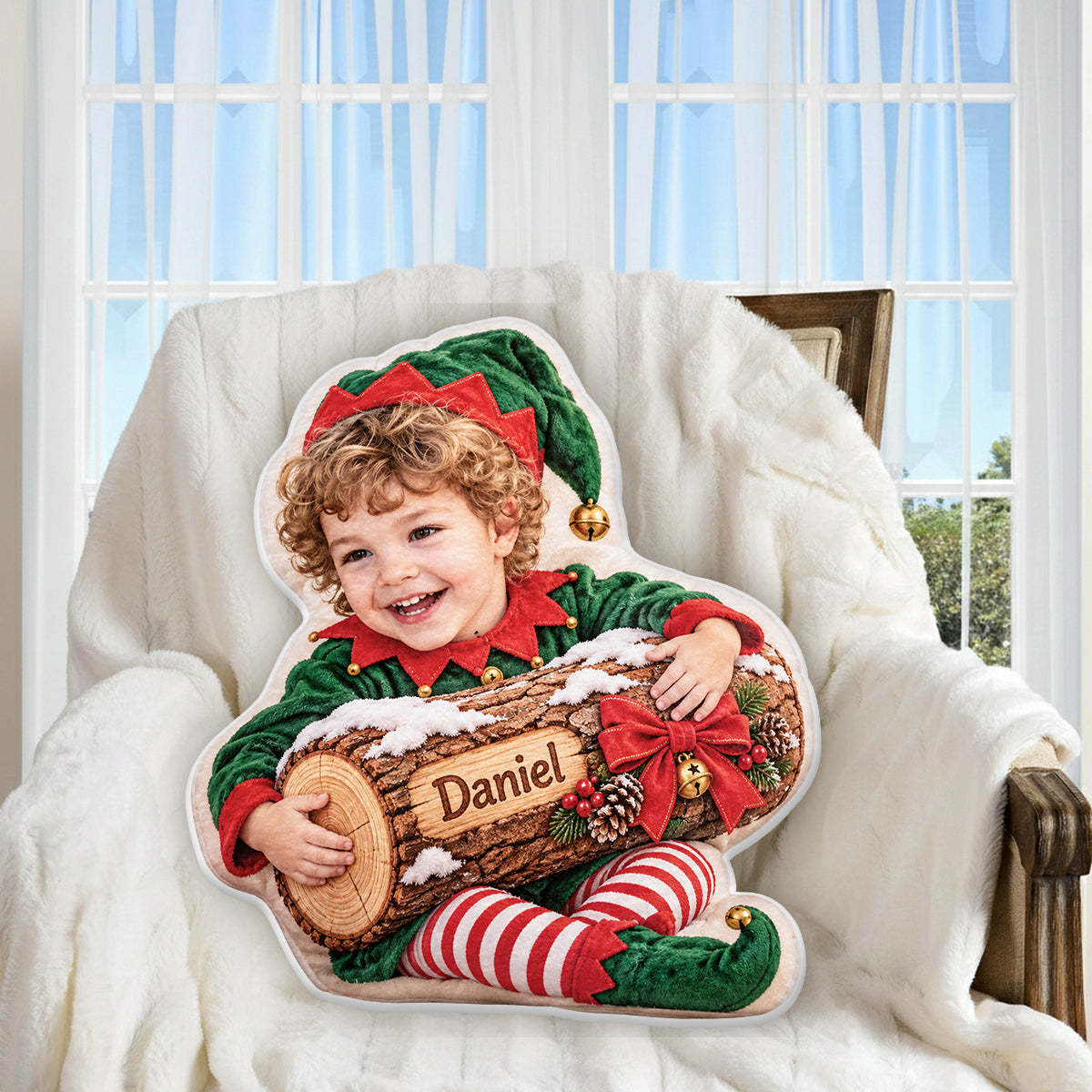 Christmas Yule Log - Personalized Kid Faux Fur Shaped Pillow