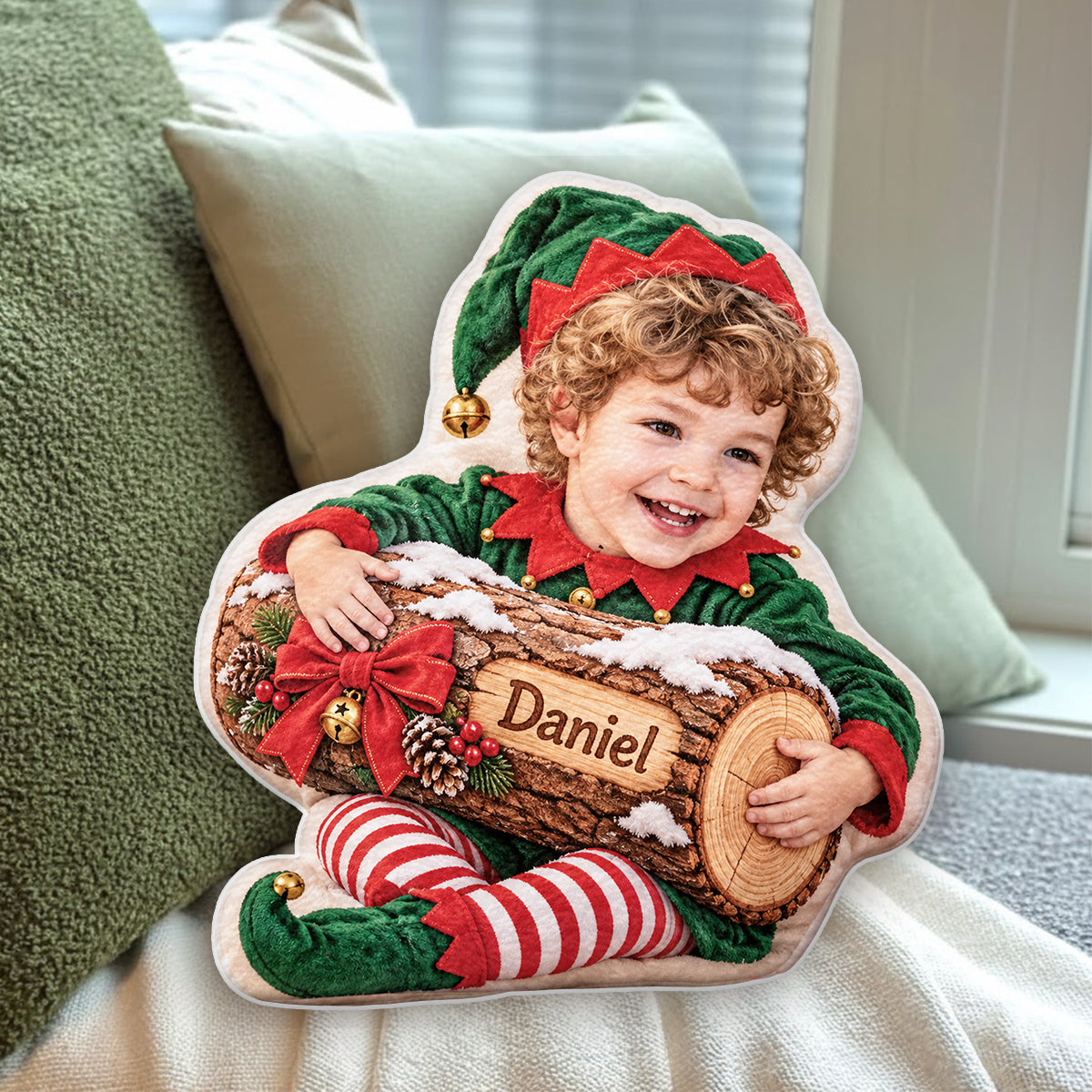 Christmas Yule Log - Personalized Kid Faux Fur Shaped Pillow