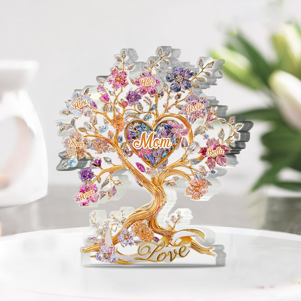 Love Mom - Tree Hearts And Flower - Personalized Mother Custom Shaped Acrylic Plaque