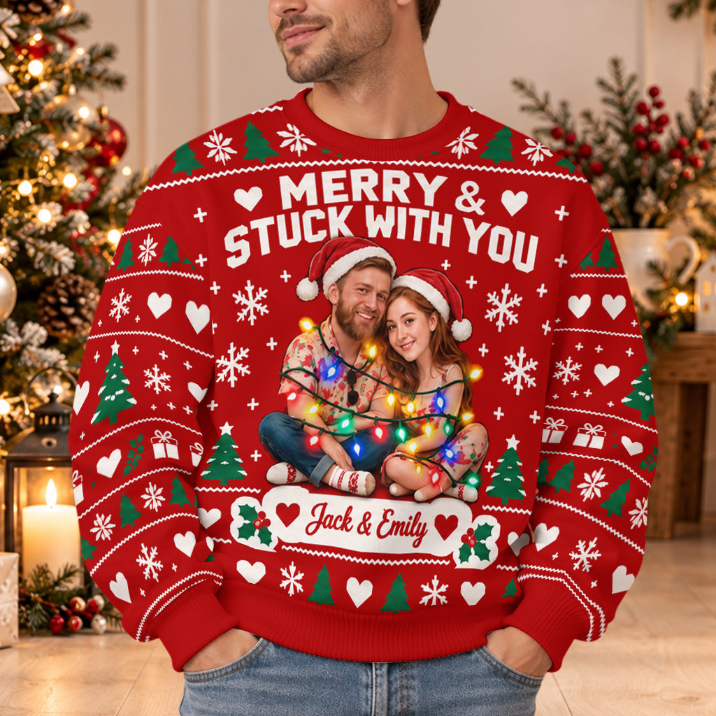 Merry & Stuck With You - Personalized Couple Light Up Sweater