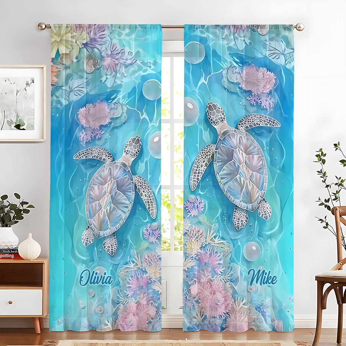 Vibrant Sea Turtle & Coral Reef - Personalized Turtle Blackout Window Curtain/ Drapes Set