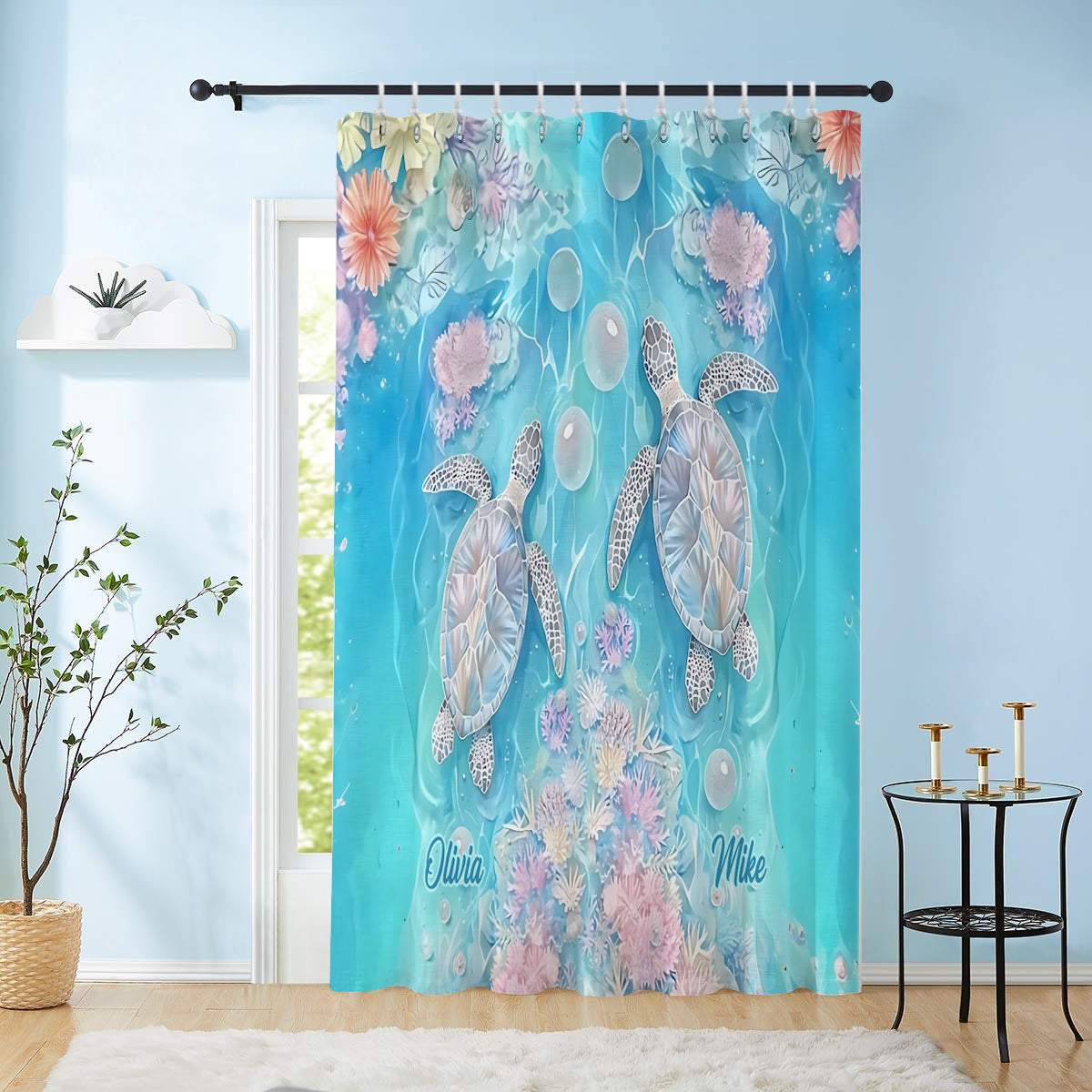 Vibrant Sea Turtle & Coral Reef - Personalized Turtle Blackout Window Curtain/ Drapes Set