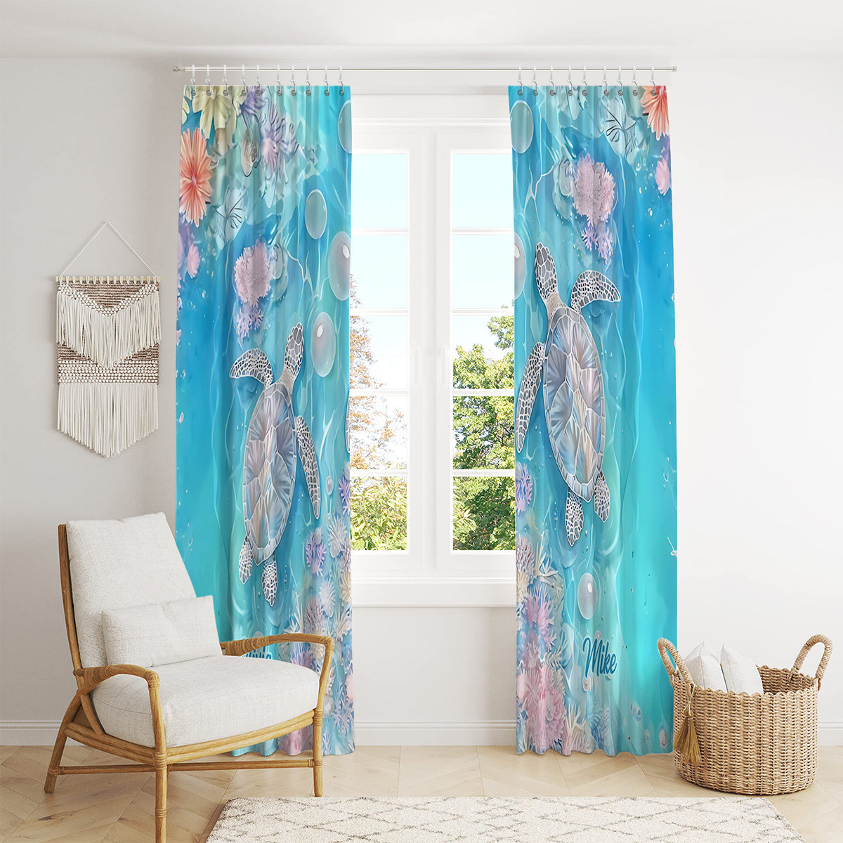 Vibrant Sea Turtle & Coral Reef - Personalized Turtle Blackout Window Curtain/ Drapes Set