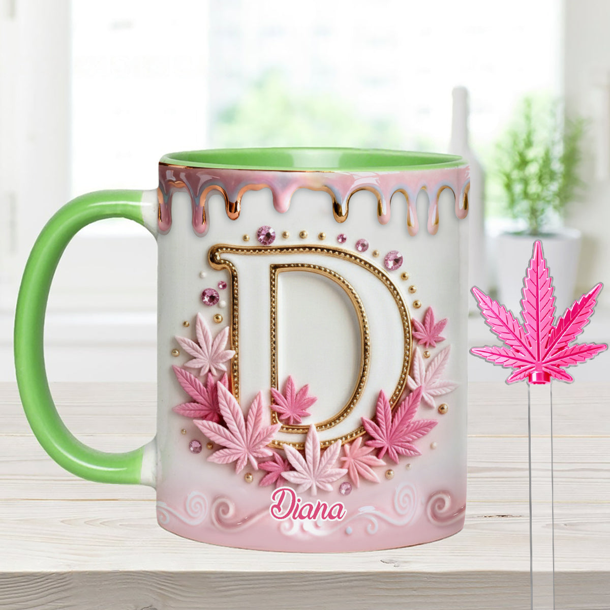 Magic Leaf, Custom Initial Mug - Personalized Weed Set Accent Mug With Acrylic Stirrers