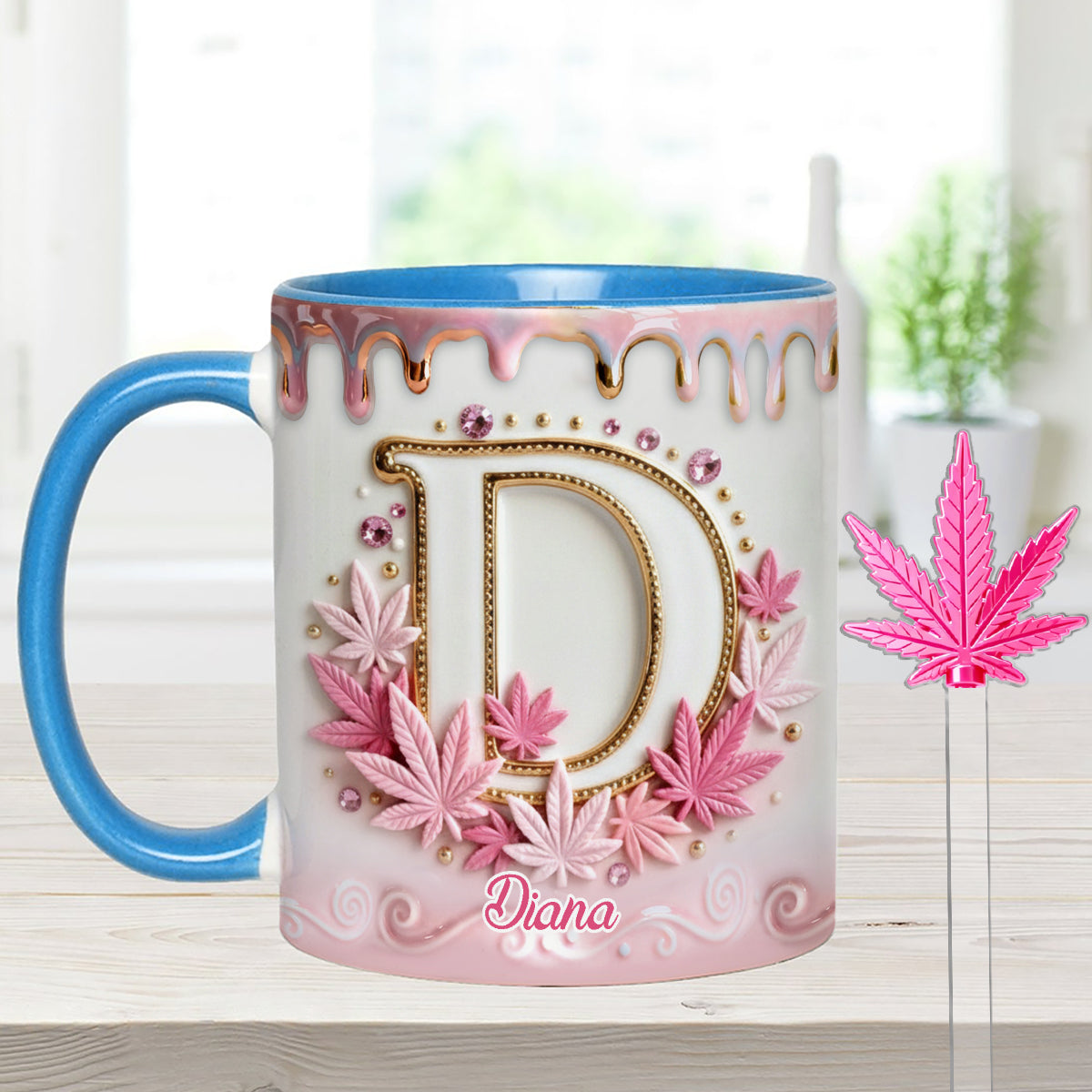 Magic Leaf, Custom Initial Mug - Personalized Weed Set Accent Mug With Acrylic Stirrers