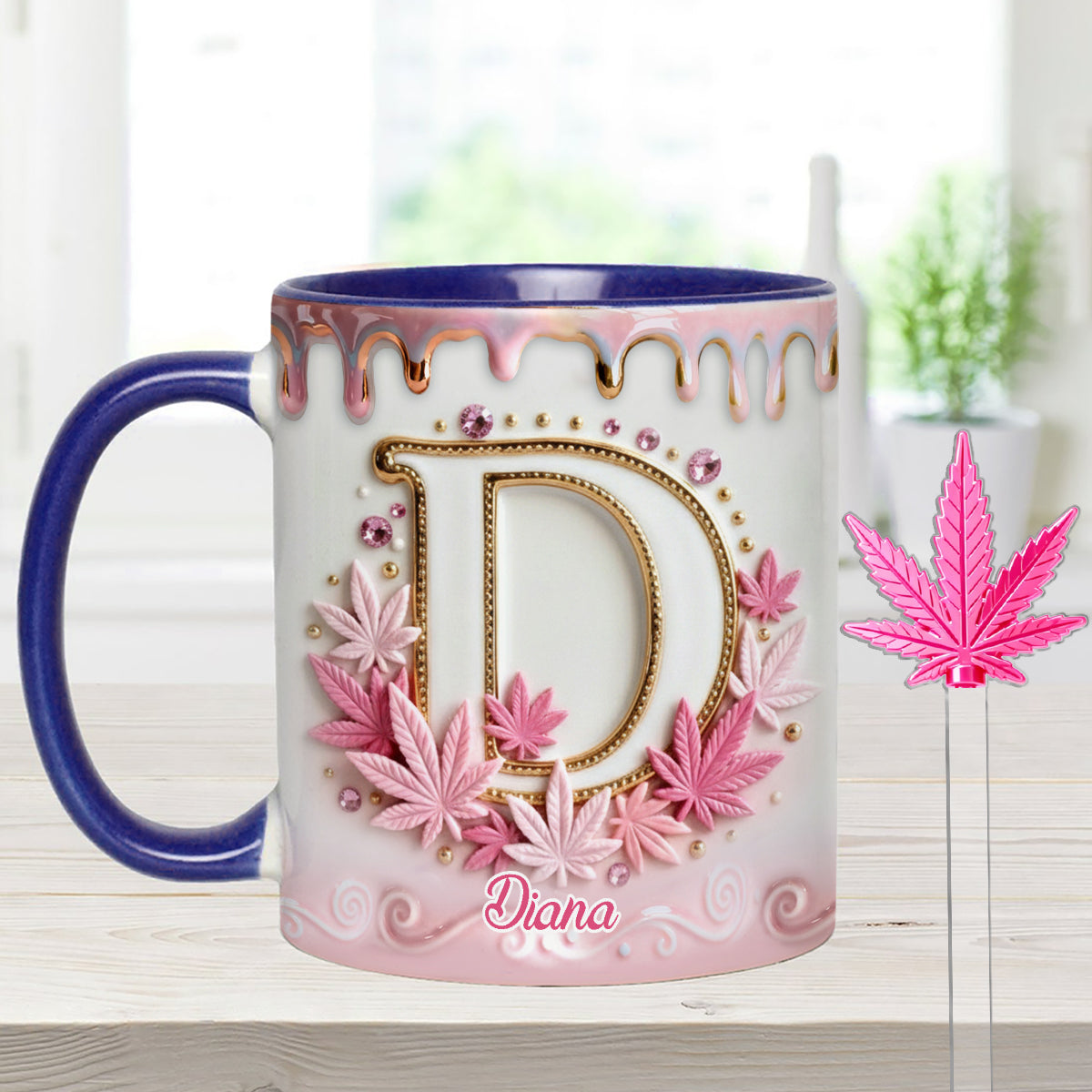 Magic Leaf, Custom Initial Mug - Personalized Weed Set Accent Mug With Acrylic Stirrers