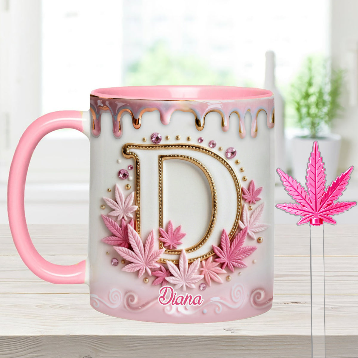 Magic Leaf, Custom Initial Mug - Personalized Weed Set Accent Mug With Acrylic Stirrers