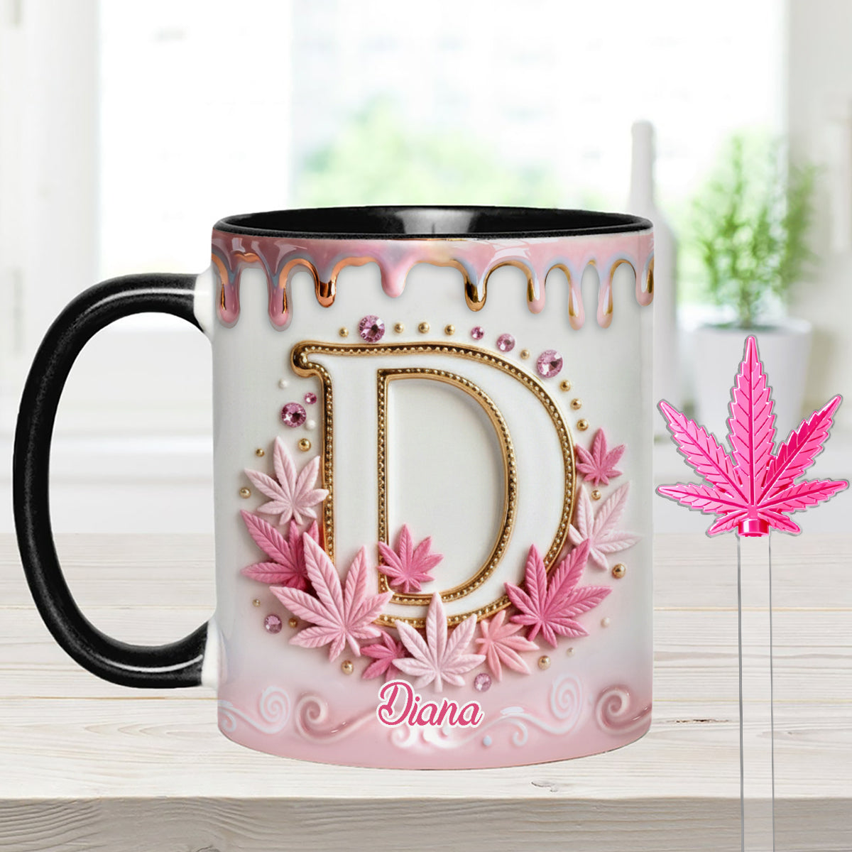 Magic Leaf, Custom Initial Mug - Personalized Weed Set Accent Mug With Acrylic Stirrers