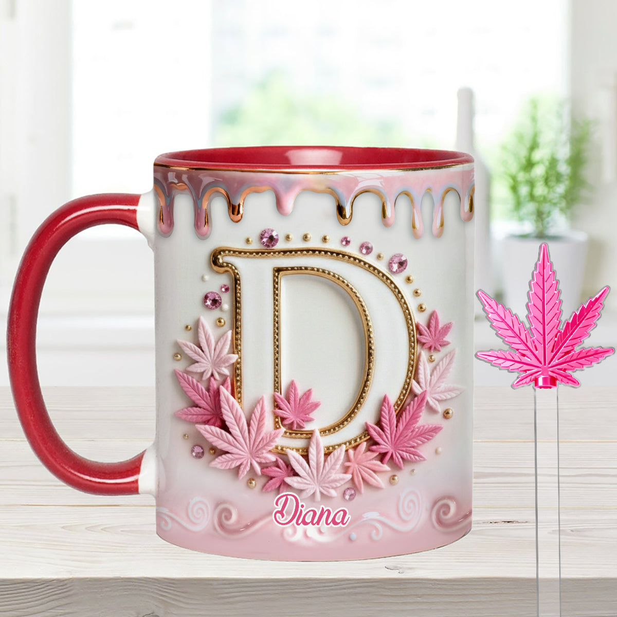 Magic Leaf, Custom Initial Mug - Personalized Weed Set Accent Mug With Acrylic Stirrers