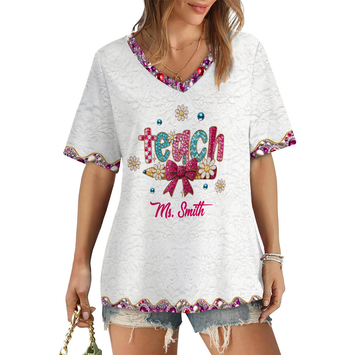 Teaching Is A Work Of heart - Personalized Teacher Fully Printed V-Neck T-Shirt