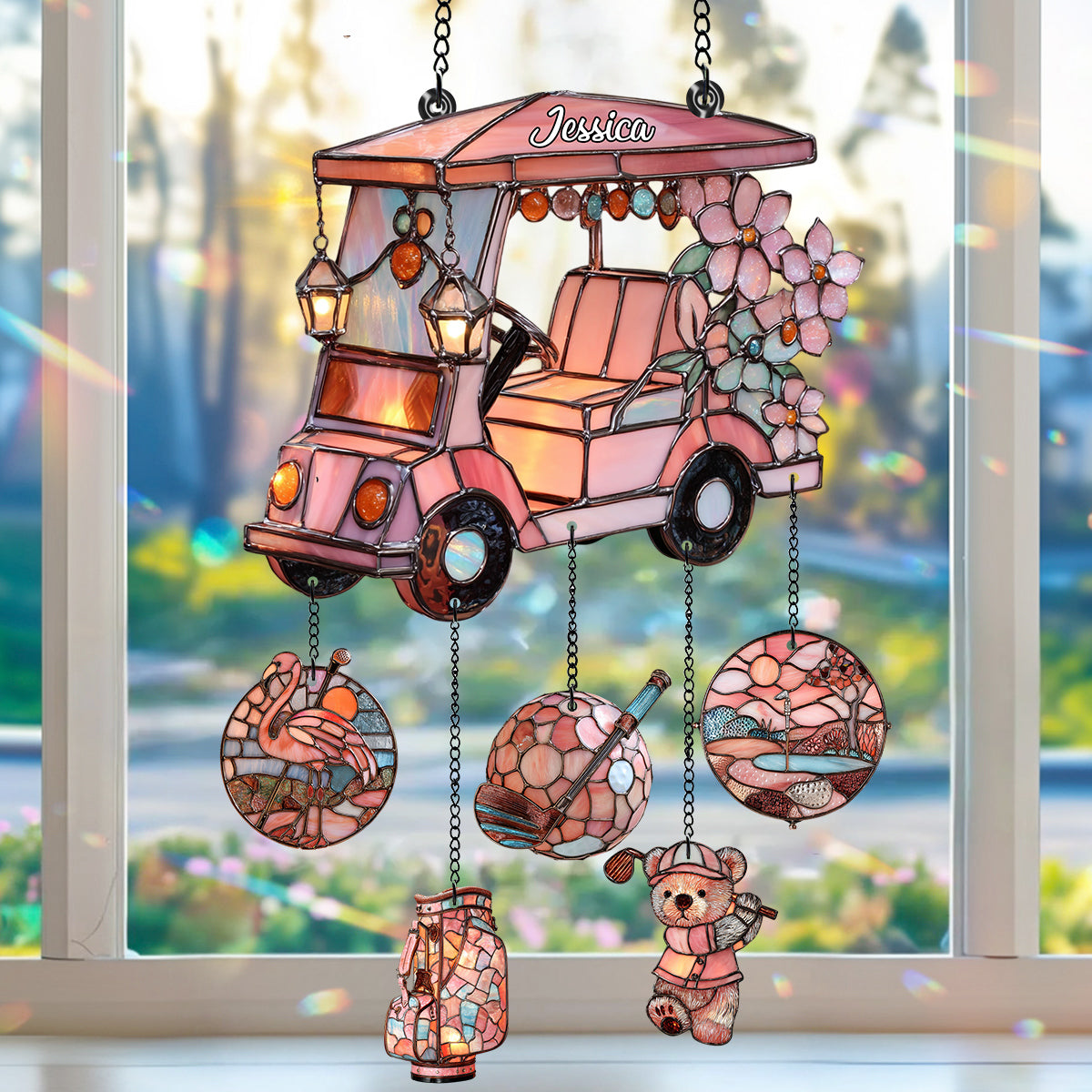 Golf Cart - Personalized Golf Window Hanging Suncatcher With Charms