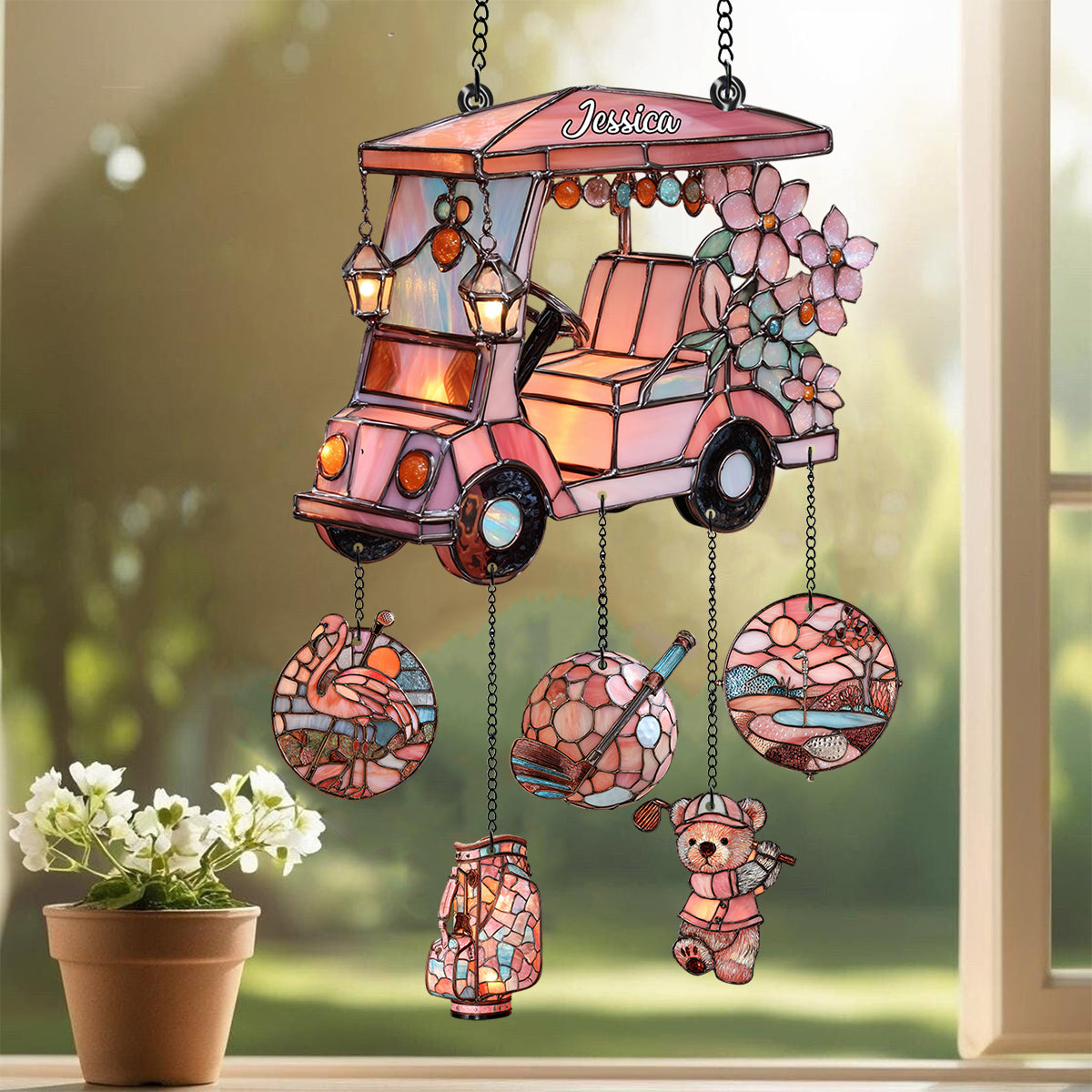 Golf Cart - Personalized Golf Window Hanging Suncatcher With Charms