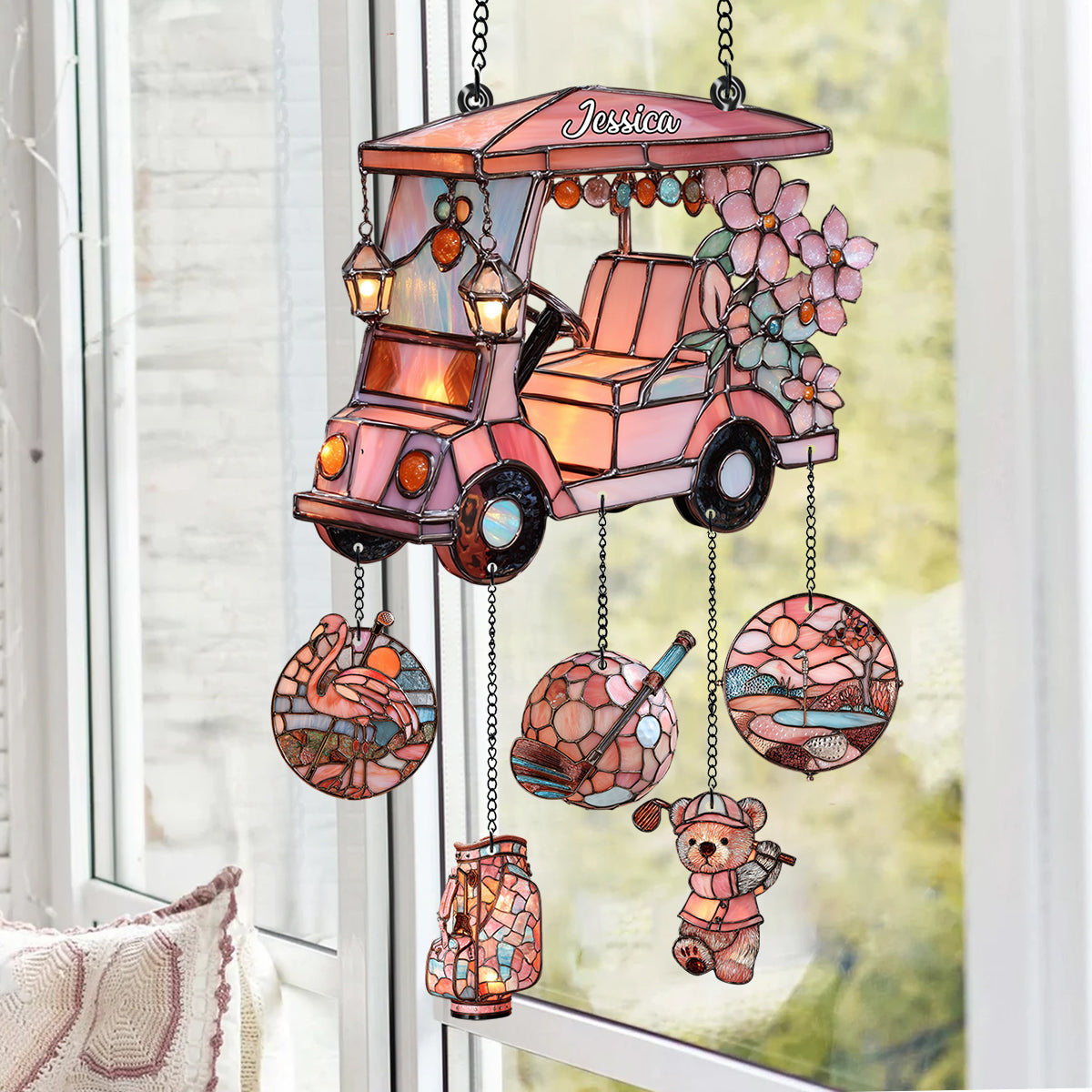 Golf Cart - Personalized Golf Window Hanging Suncatcher With Charms