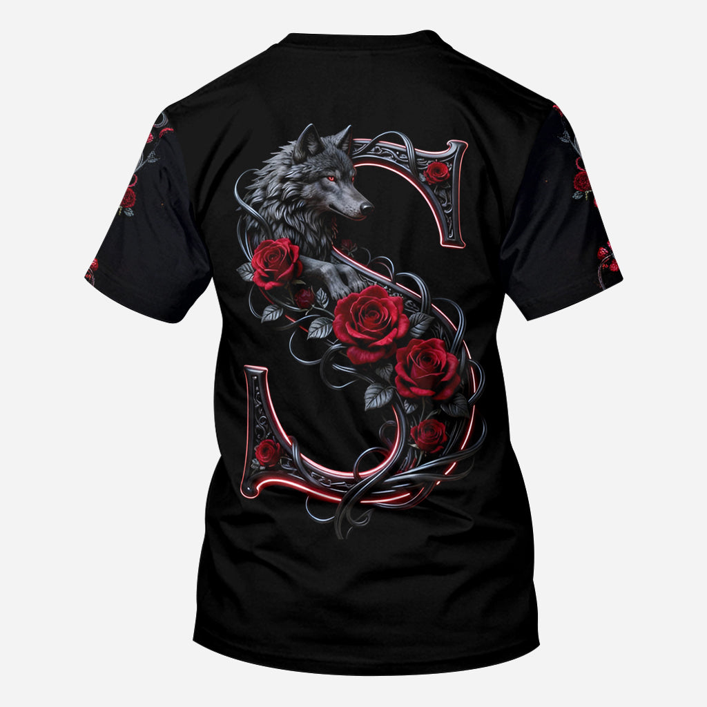 Wolf And Roses, Initial Customize - Personalized Wolf All Over Shirt