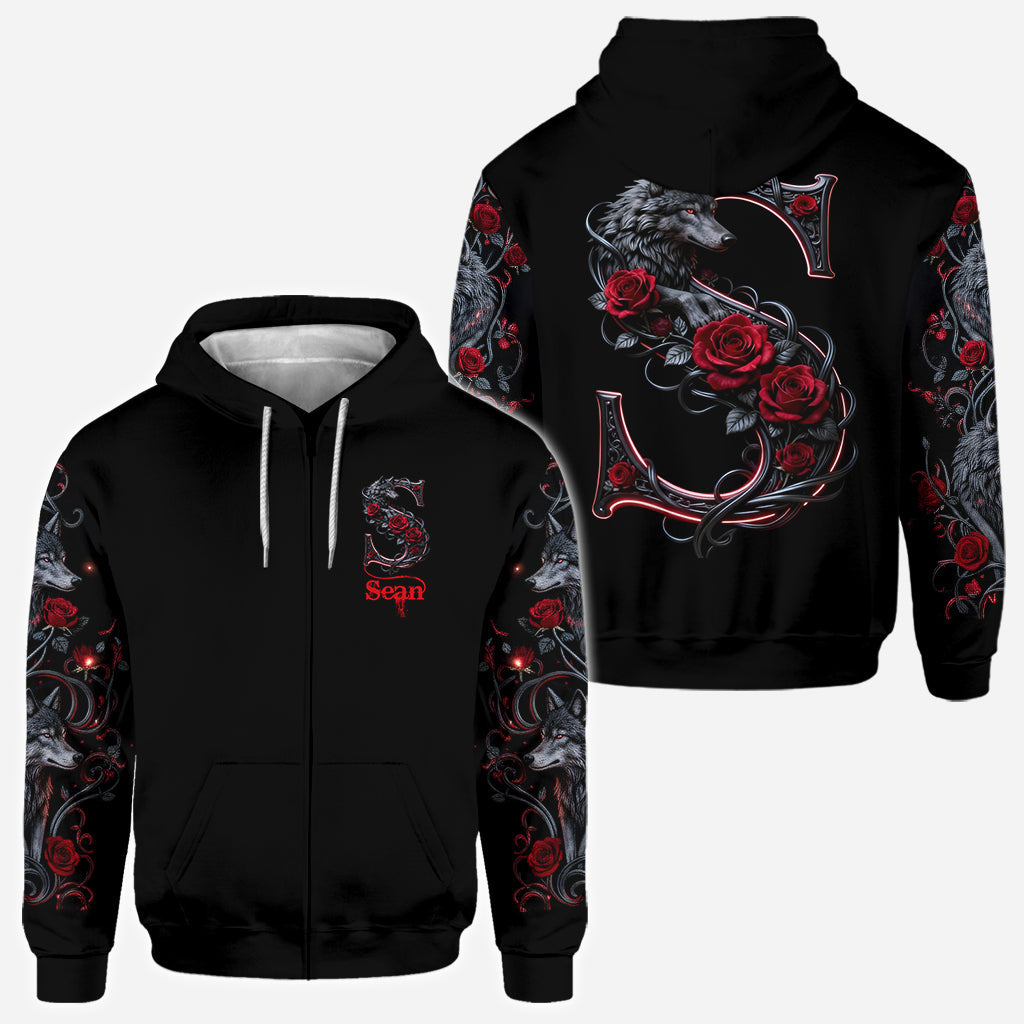 Wolf And Roses, Initial Customize - Personalized Wolf All Over Shirt