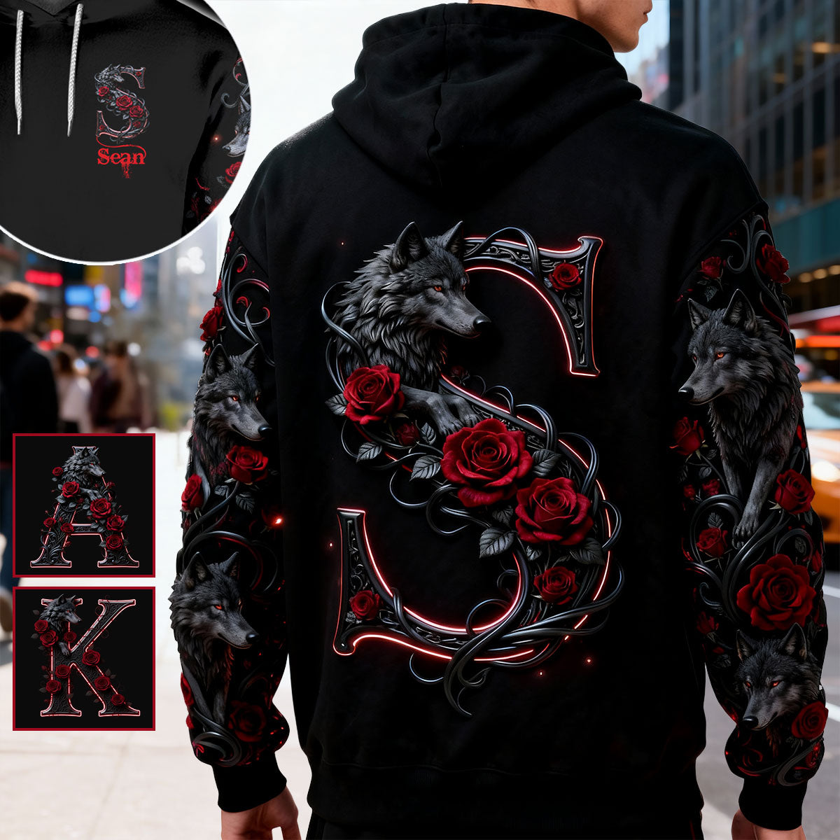 Wolf And Roses, Initial Customize - Personalized Wolf All Over Shirt