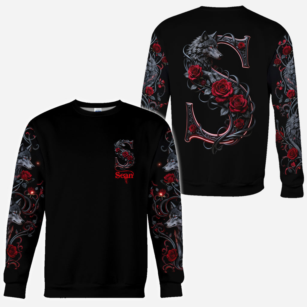 Wolf And Roses, Initial Customize - Personalized Wolf All Over Shirt