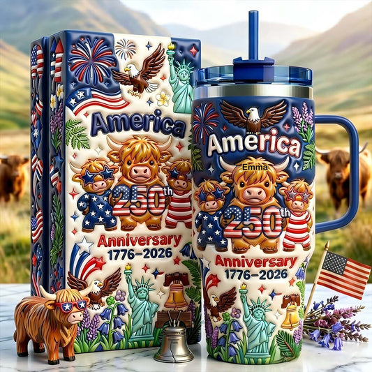 Cute Highland Cow America 250th Anniversary - Personalized Highland Cow Tumbler With Handle