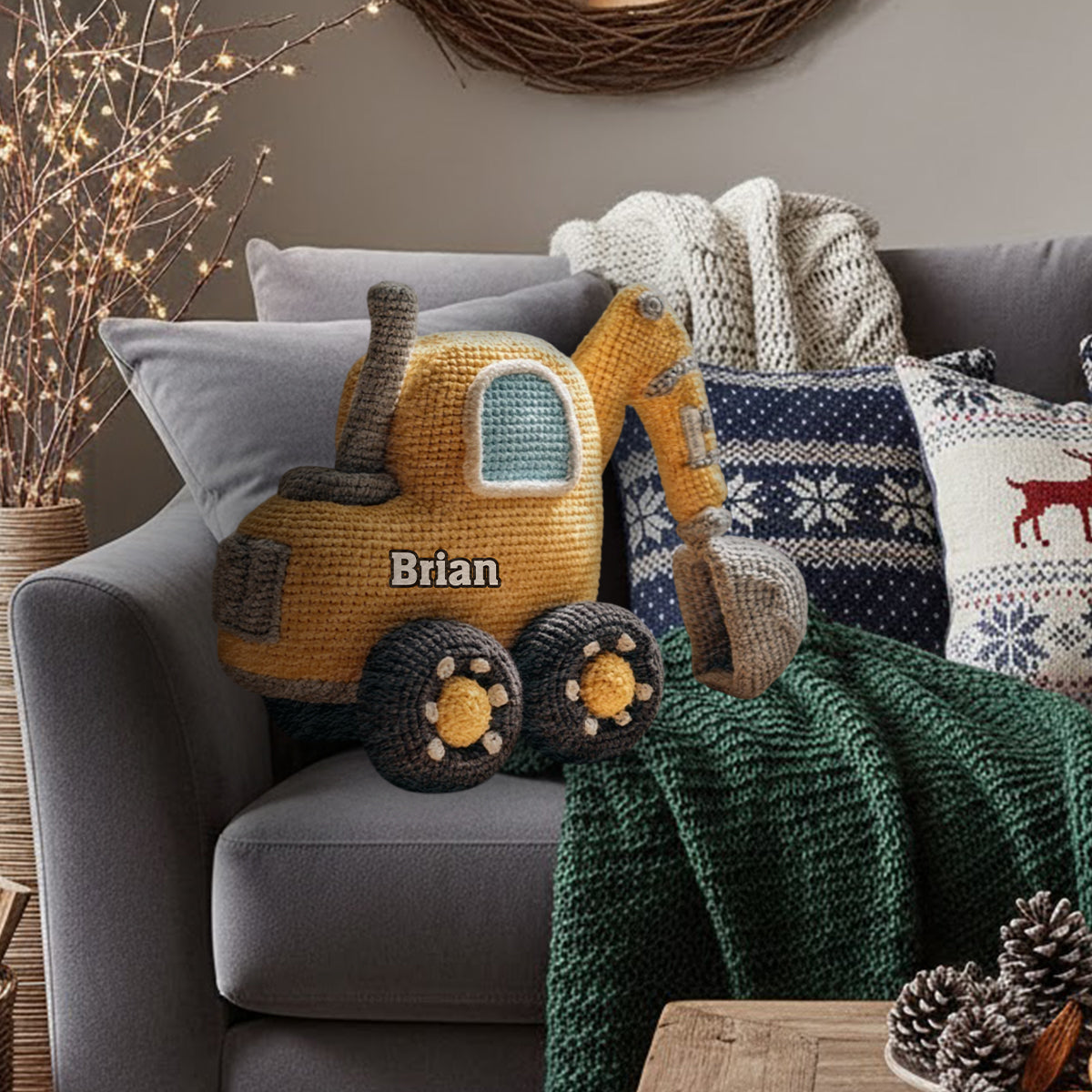 Construction Machine - Personalized Kid Faux Fur Shaped Pillow