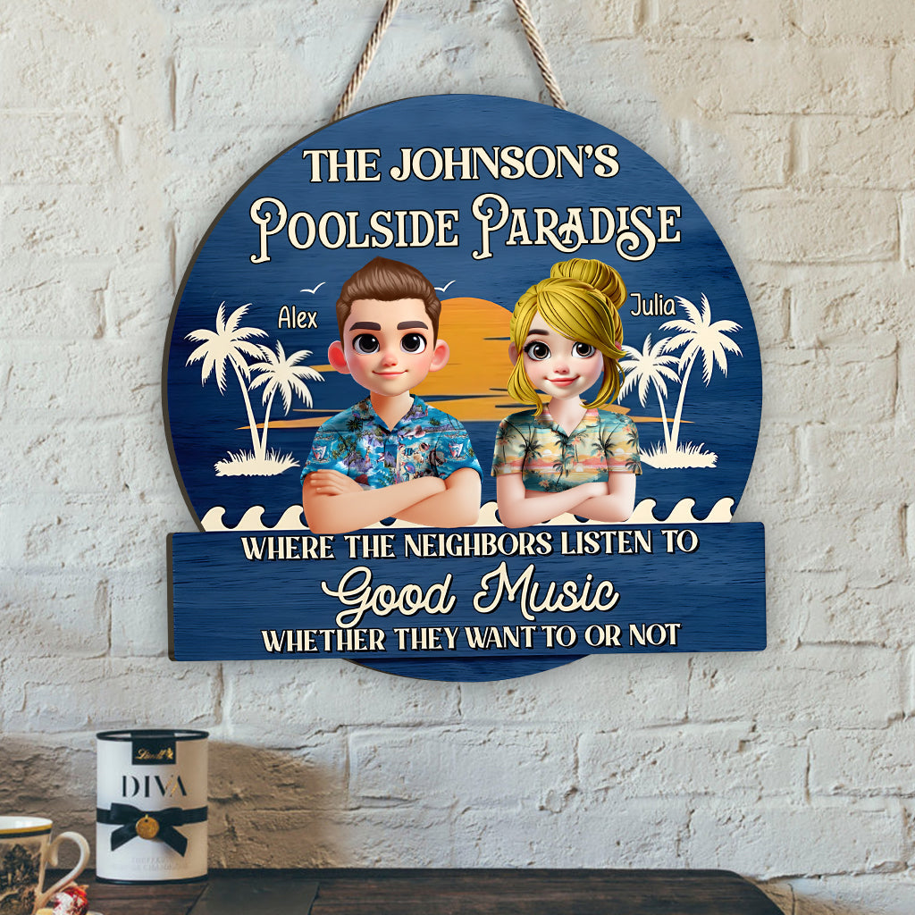 Poolside Paradise - Personalized Couple Custom Shaped Wood Sign