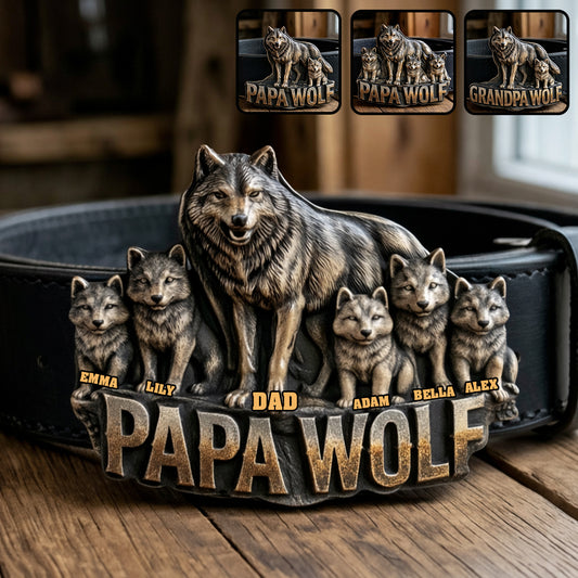 Papa Wolf Gift For Father Grandfather - Personalized Father Leather Belt With Shaped Buckle