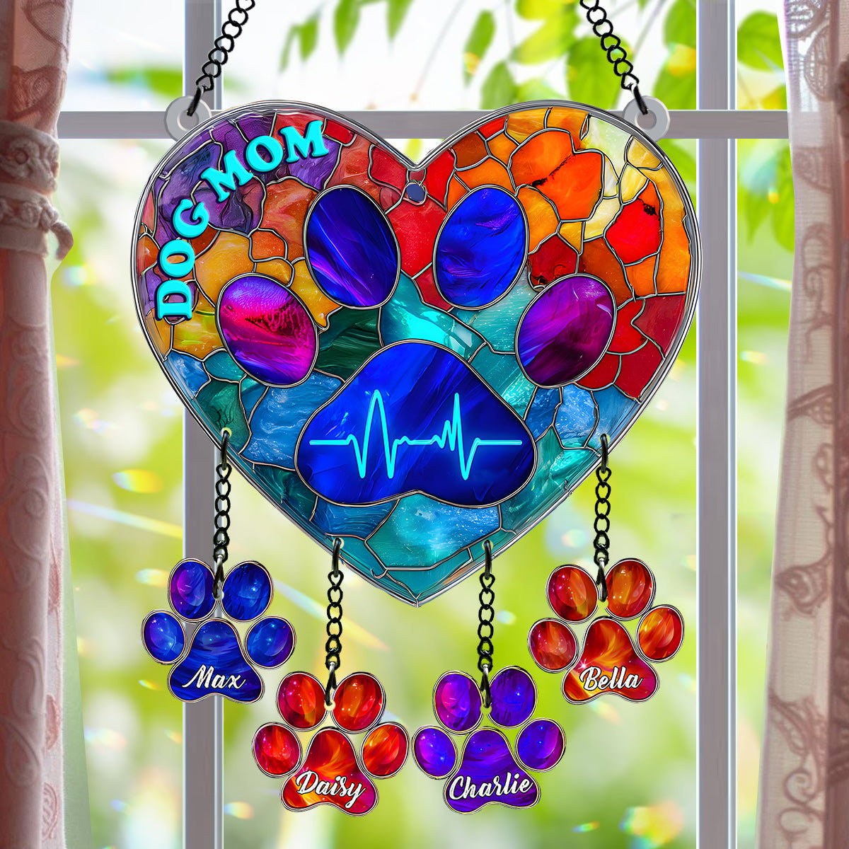 Dog Mom - Personalized Dog Window Hanging Suncatcher With Custom Charms