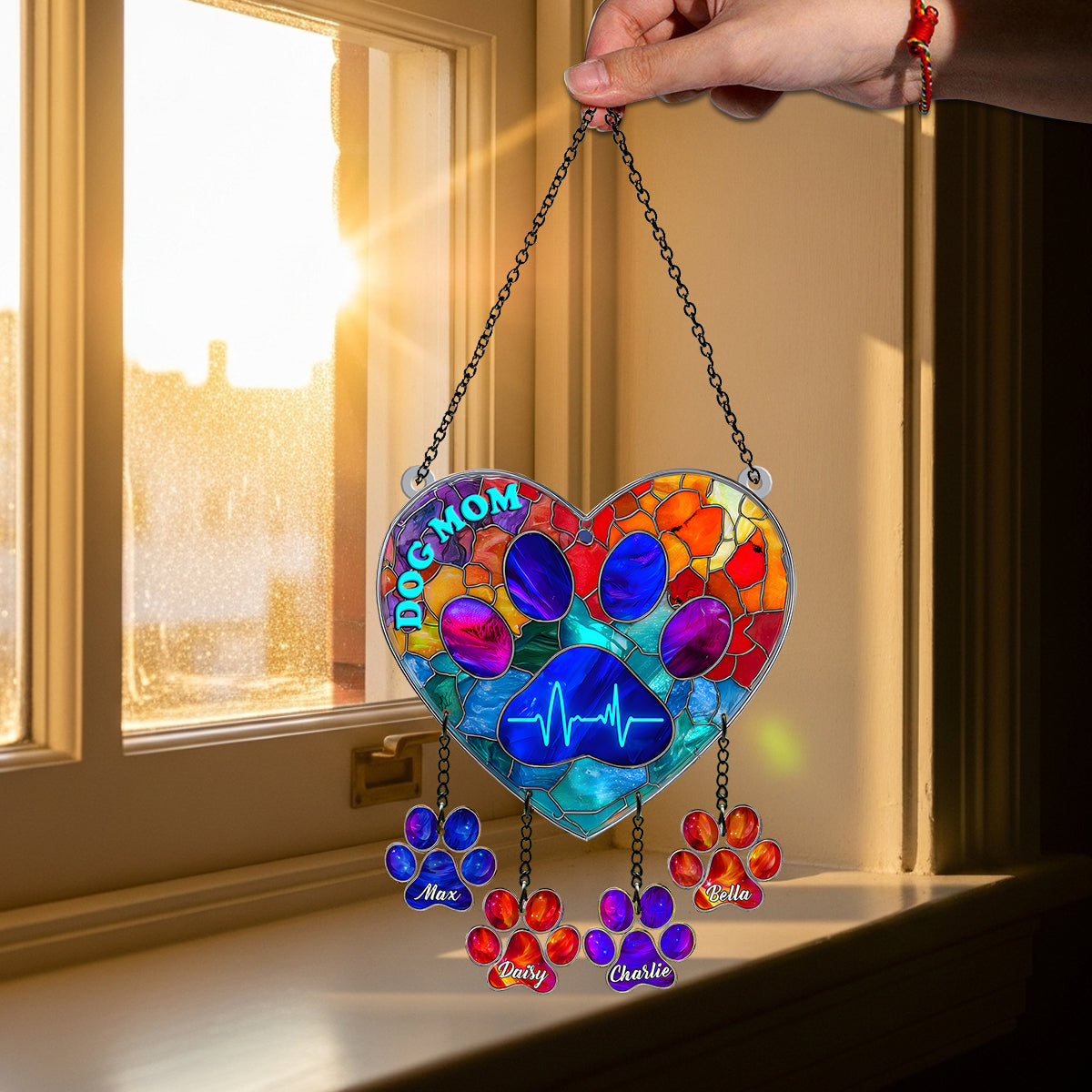 Dog Mom - Personalized Dog Window Hanging Suncatcher With Custom Charms