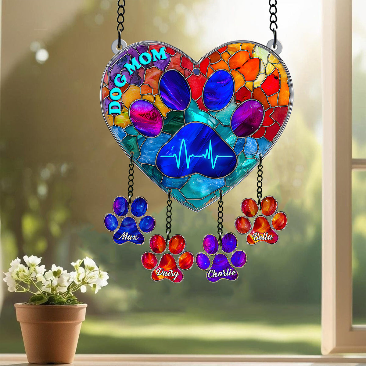 Dog Mom - Personalized Dog Window Hanging Suncatcher With Custom Charms