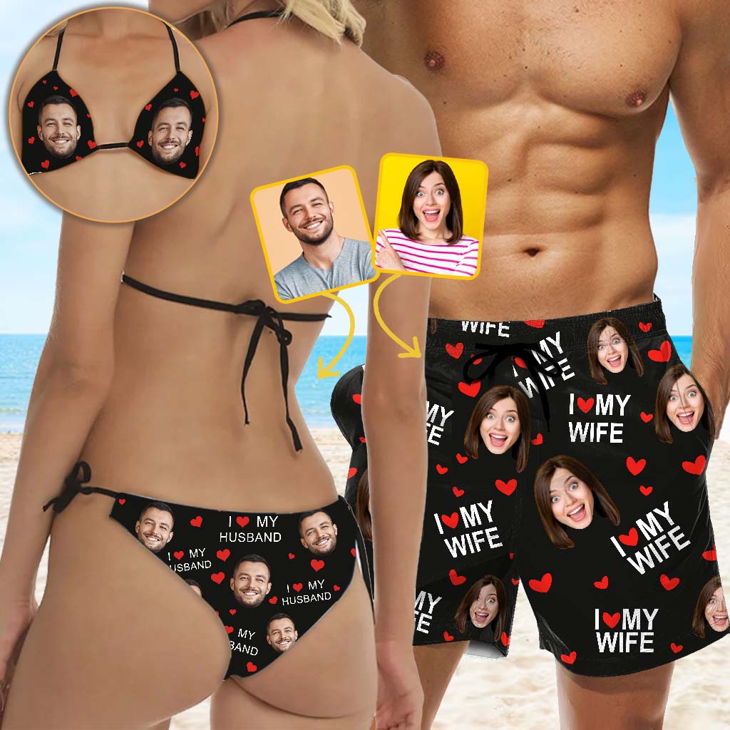 I Love My Husband - Personalized Couple Triangle Bikini Swimsuit And Men Shorts