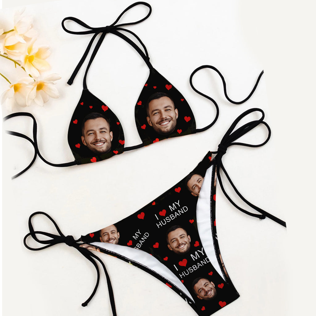 I Love My Husband - Personalized Couple Triangle Bikini Swimsuit And Men Shorts