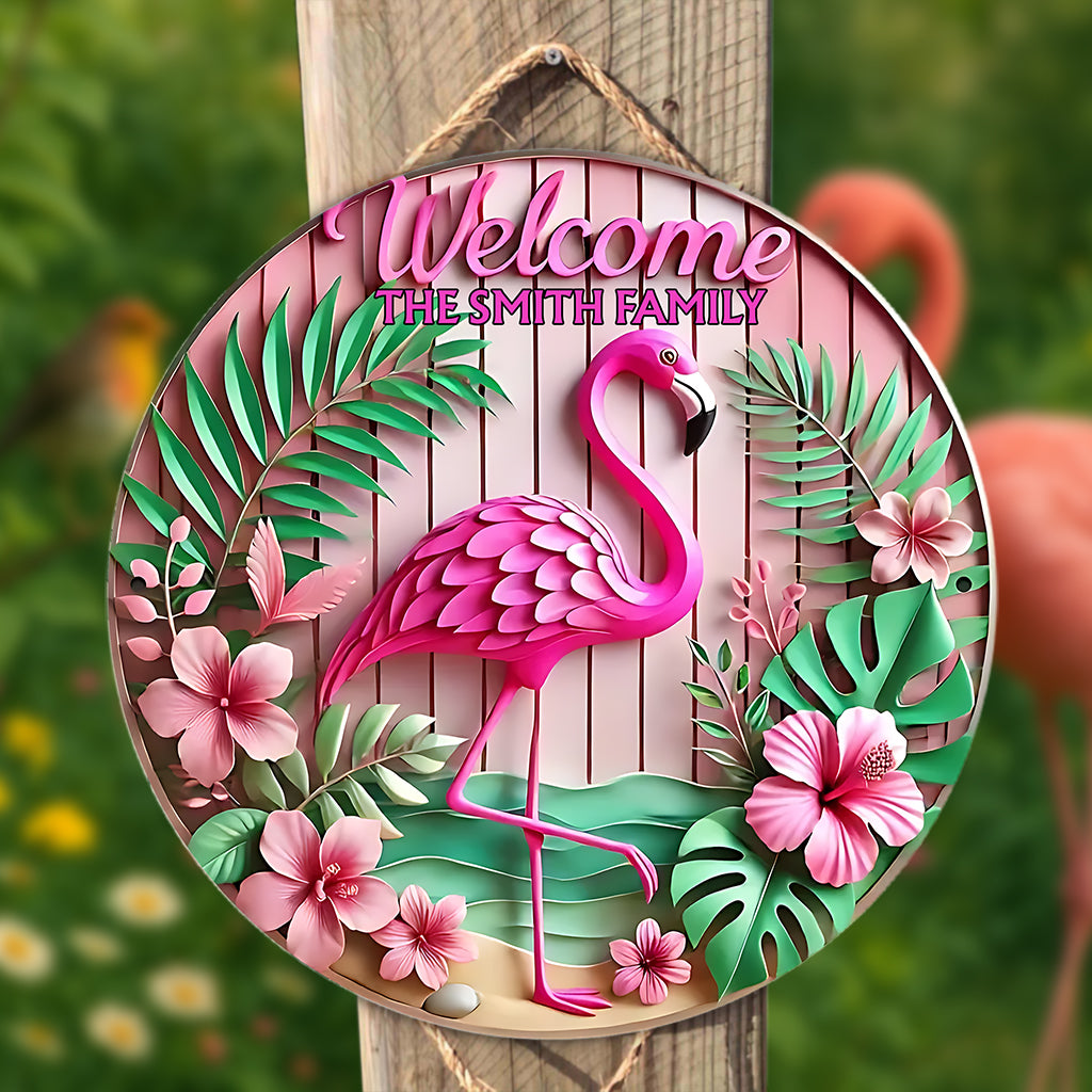 Welcome - Personalized Flamingo Round Wood Sign
