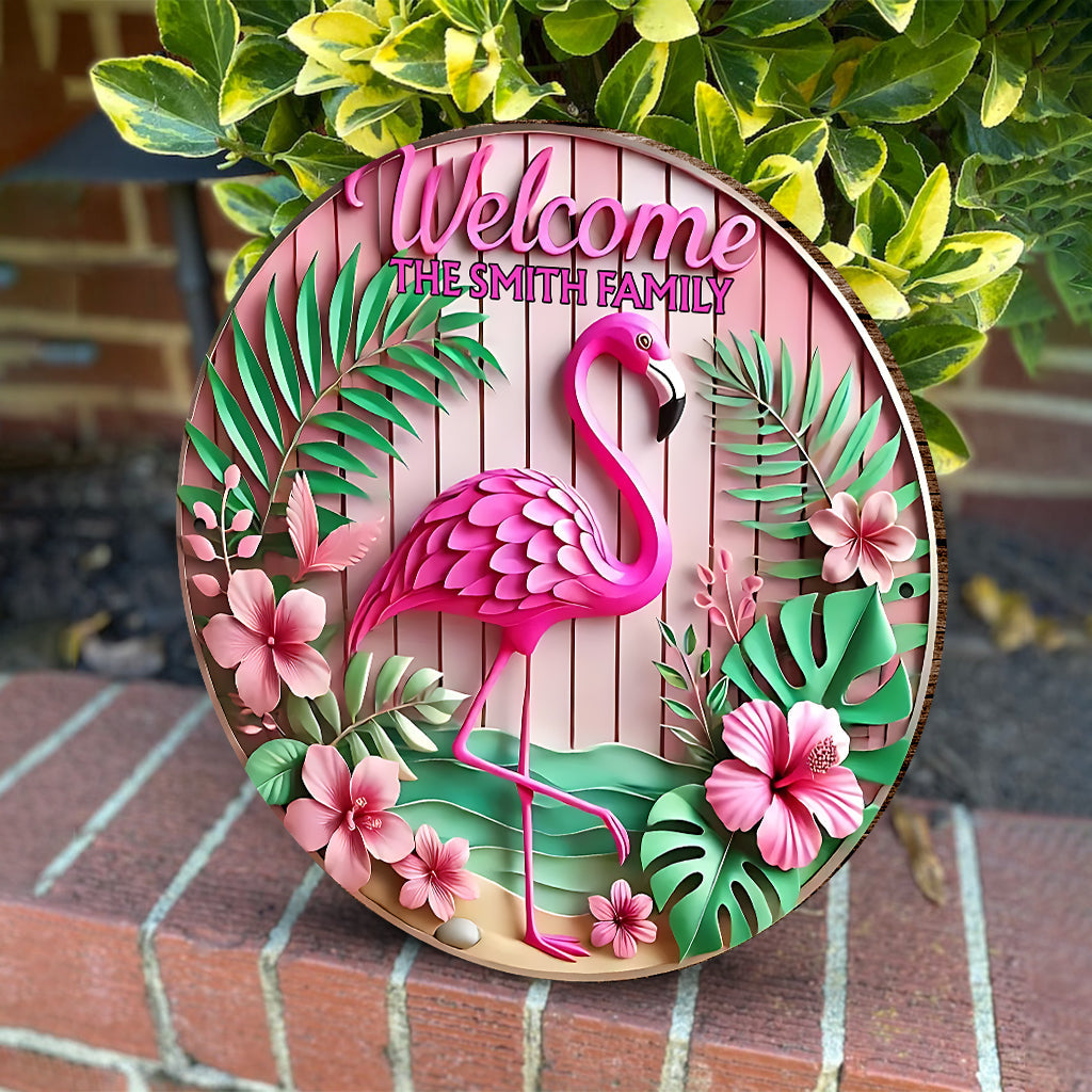 Welcome - Personalized Flamingo Round Wood Sign
