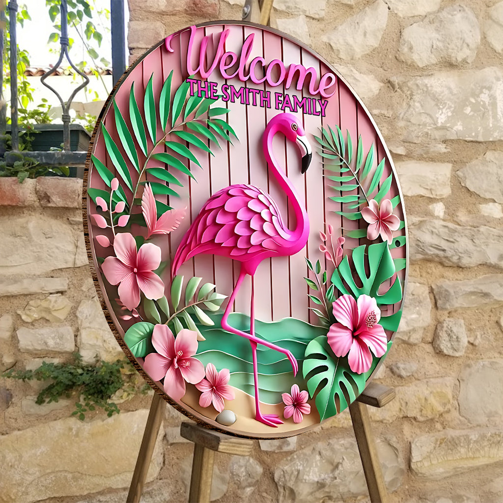 Welcome - Personalized Flamingo Round Wood Sign