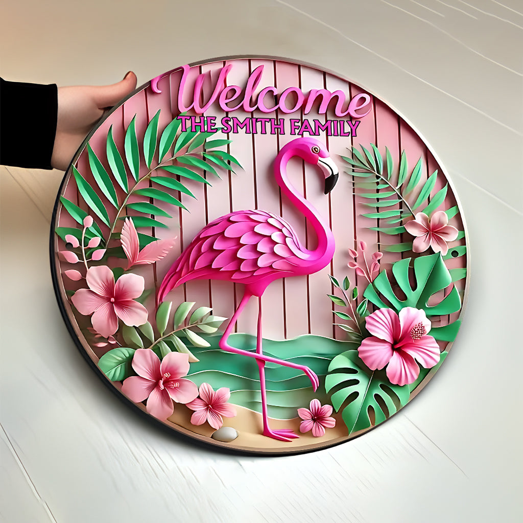 Welcome - Personalized Flamingo Round Wood Sign