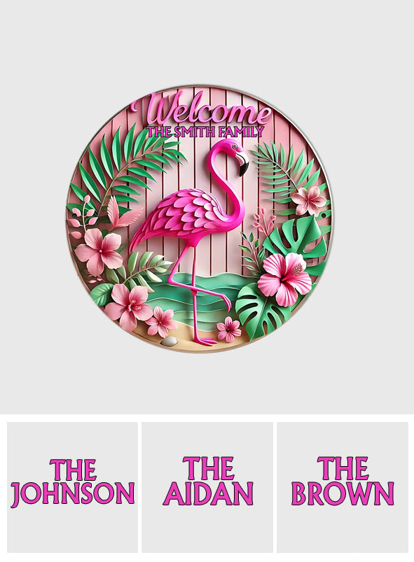 Welcome - Personalized Flamingo Round Wood Sign