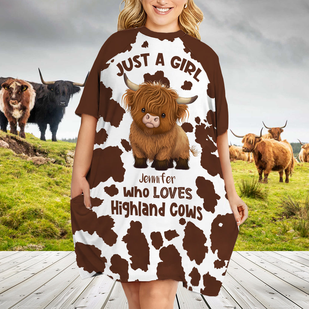 Just A Girl Who Loves Highland Cows - Personalized Highland Cow Sleep T-shirt Dress