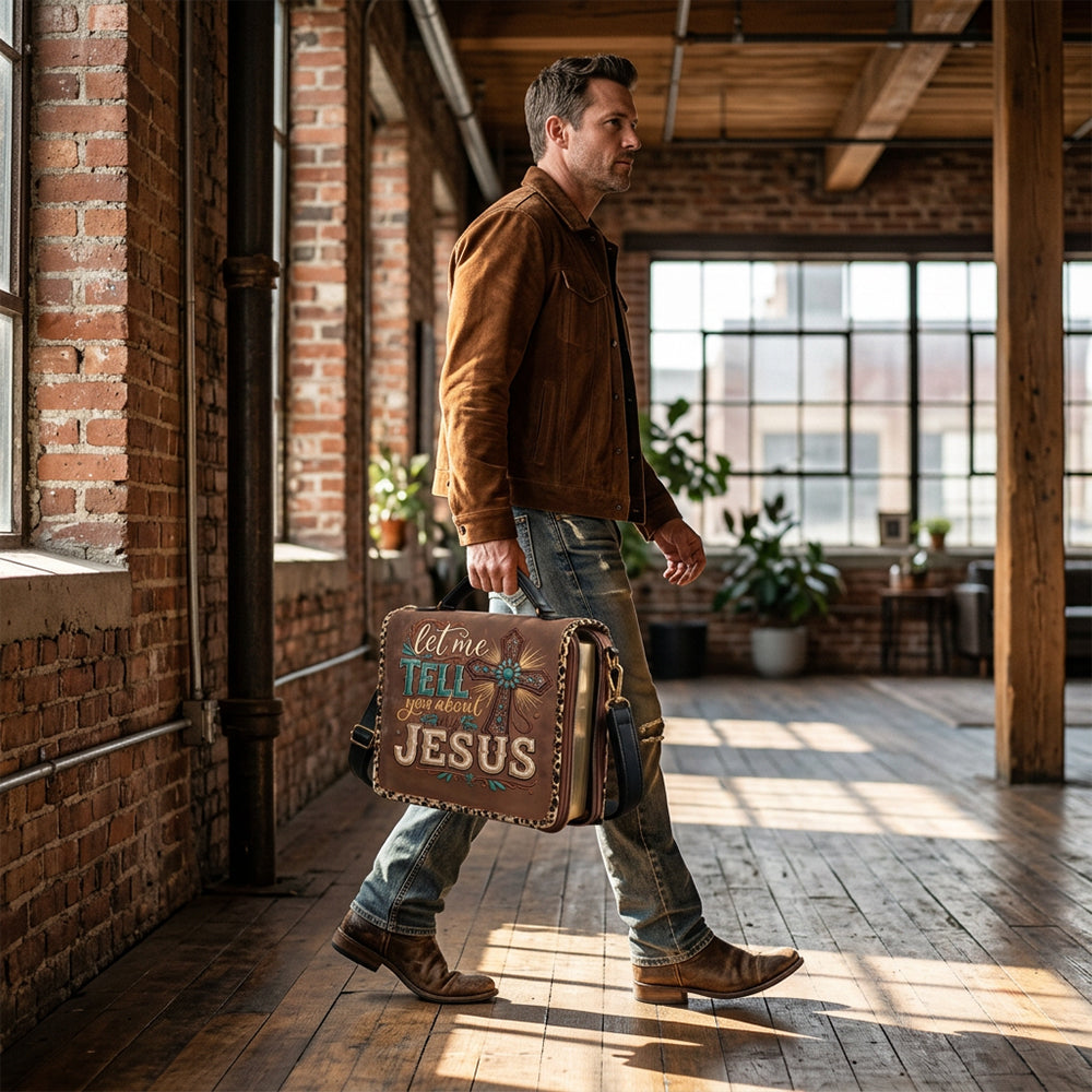 Let Me Tell You About My Jesus - Personalized Christian Leather Bible Cover Bag