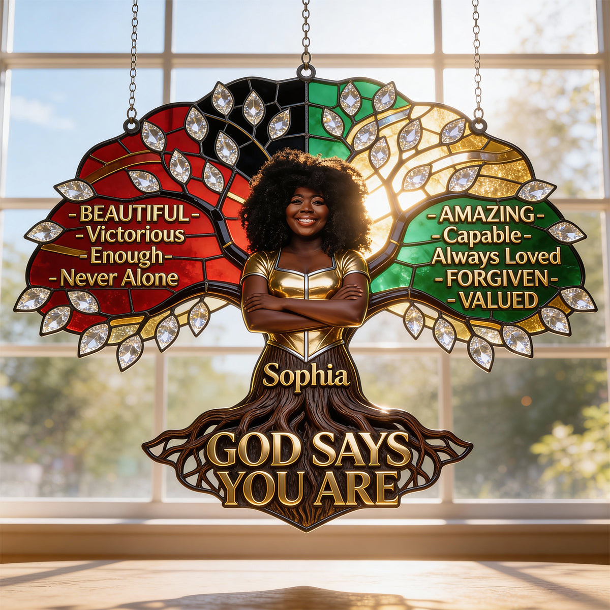 Black Woman Pride, God Says You Are - Personalized African American Window Hanging Suncatcher Ornament