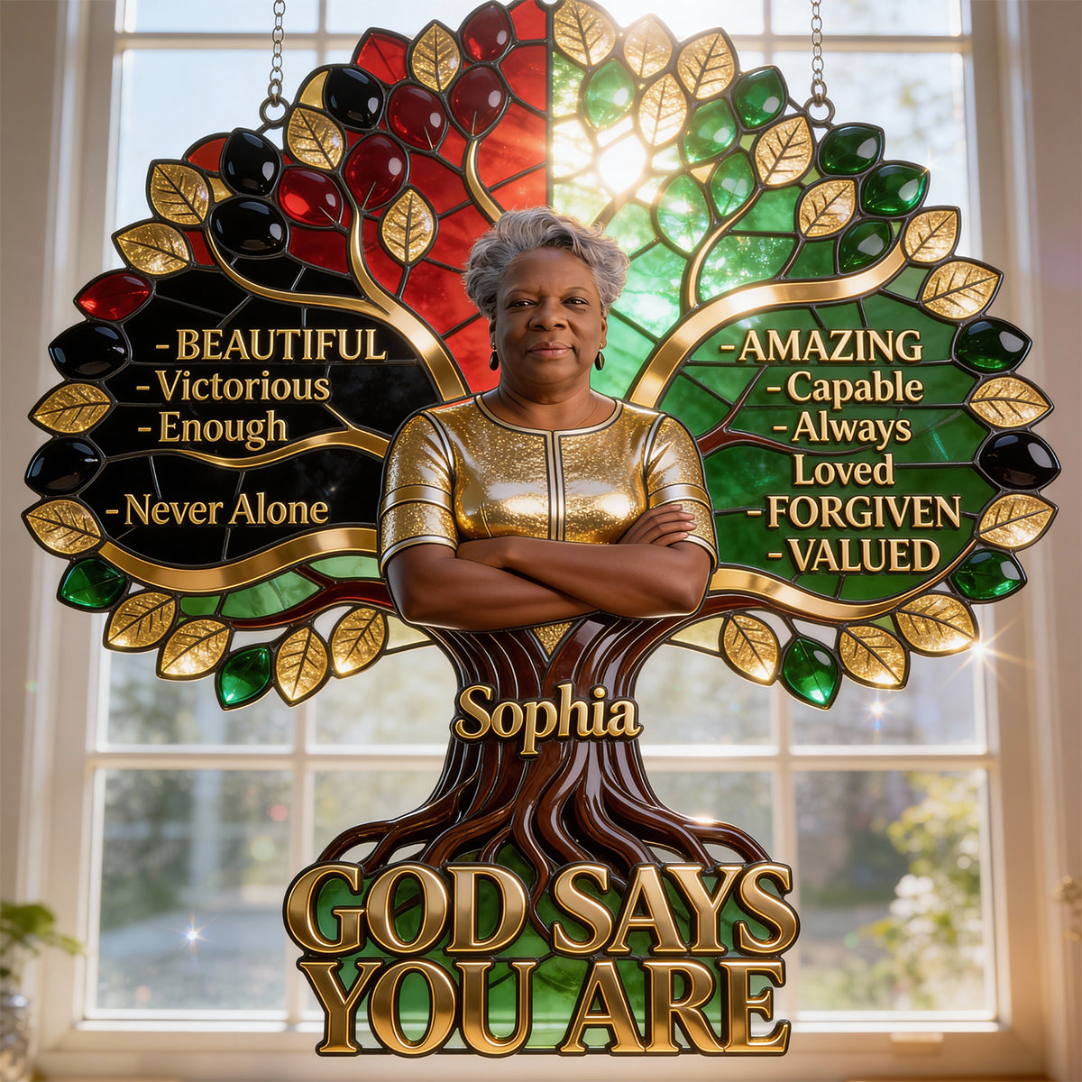 Black Woman Pride, God Says You Are - Personalized African American Window Hanging Suncatcher Ornament