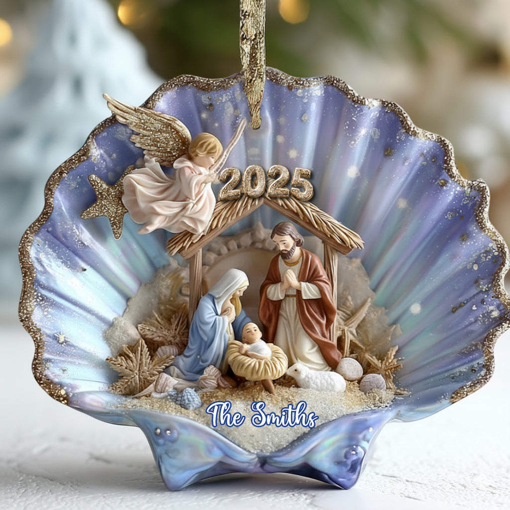 Nativity In A Seashell - Personalized Christian Ornament