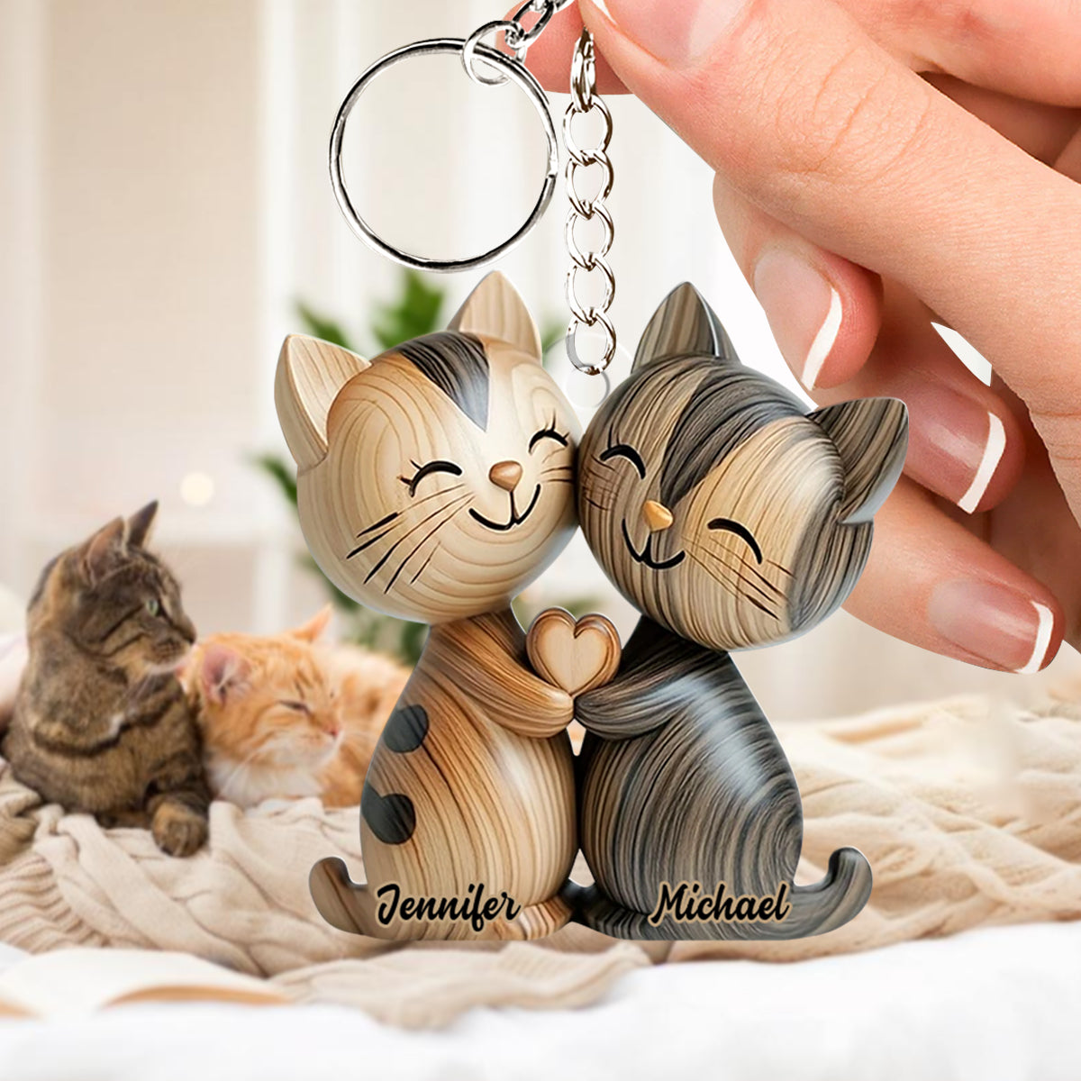 Cute Cat Couple - Personalized Cat Keychain