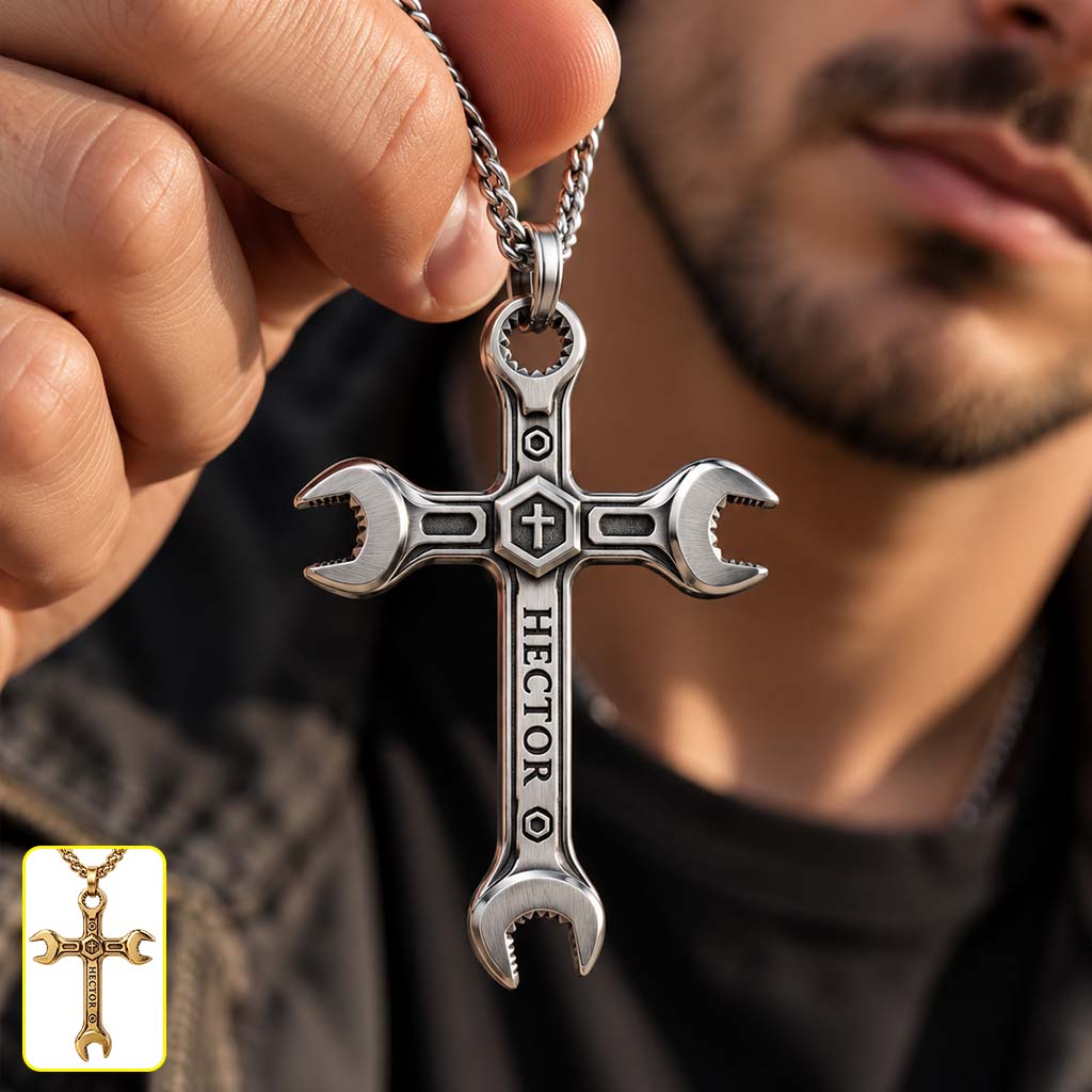 Men' Wrench Cross Necklace - Personalized Mechanic Shaped Metal Pendant Necklace