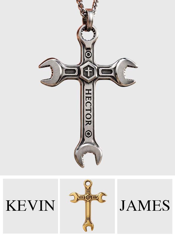 Men' Wrench Cross Necklace - Personalized Mechanic Shaped Metal Pendant Necklace