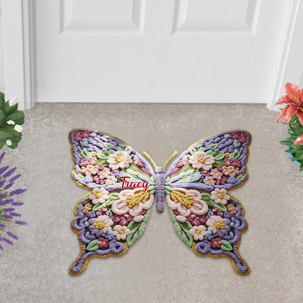 Flower Butterfly - Personalized Butterfly Shaped Doormat/ Rug