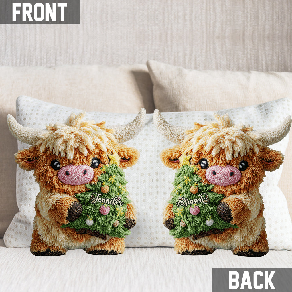 Cute Highland Cow Merry Christmas - Personalized Highland Cow Shaped Pillow